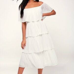 Lulu's Gala Ready White Off-the-Shoulder Ruffle Midi Dress